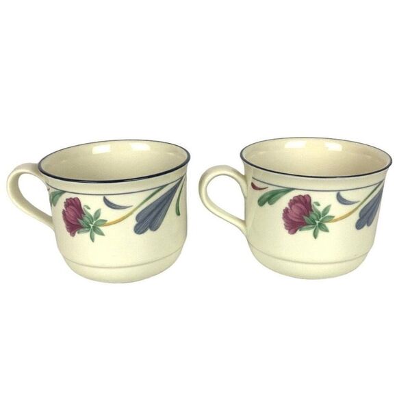 Lenox Chinastone Poppies on Blue Coffee Cups Set Of 2 Ceramic Tea Mugs Vtg 90s - Picture 2 of 4